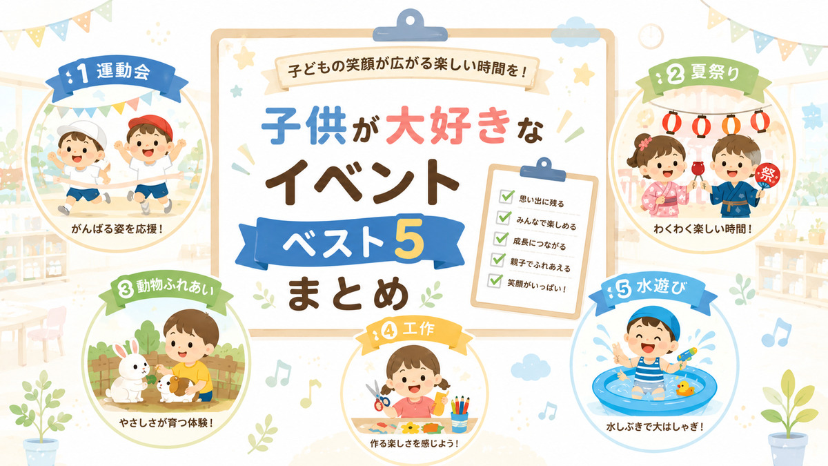 子供が大好きなイベントベスト5として、運動会、夏祭り、動物ふれあい、工作、水遊びをまとめた園児向けイラスト