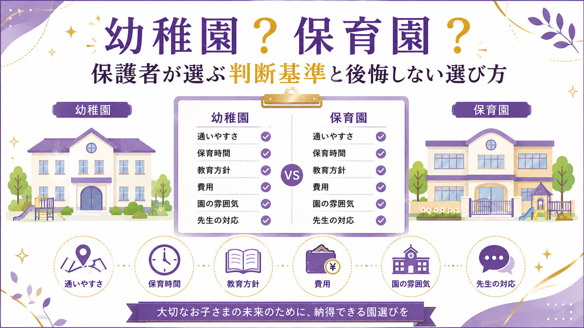 幼稚園と保育園を通いやすさ、保育時間、教育方針、費用、園の雰囲気、先生の対応で比較した園選びの判断基準