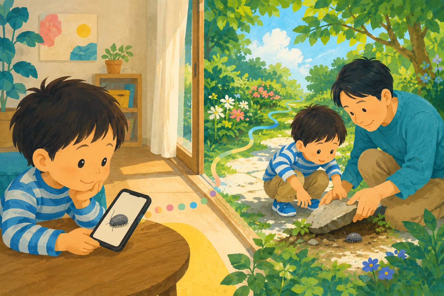 スマホで見つけたダンゴムシを、親子で庭に探しに行く様子を描いたイラスト