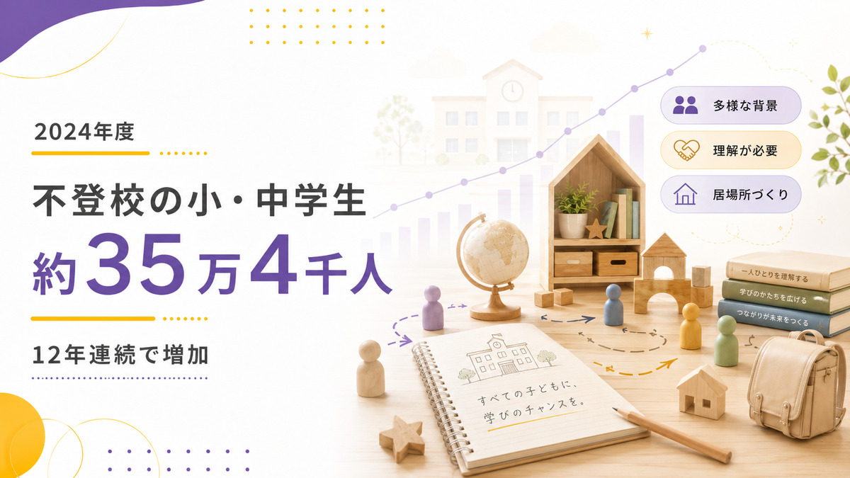 2024年度の不登校の小・中学生約35万4千人と12年連続増加を示し、多様な背景・理解・居場所づくりを表現した教育コラム画像